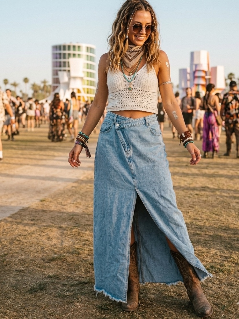 Acid wash Maxi Denim Skirt with Front Slit - Light Blue